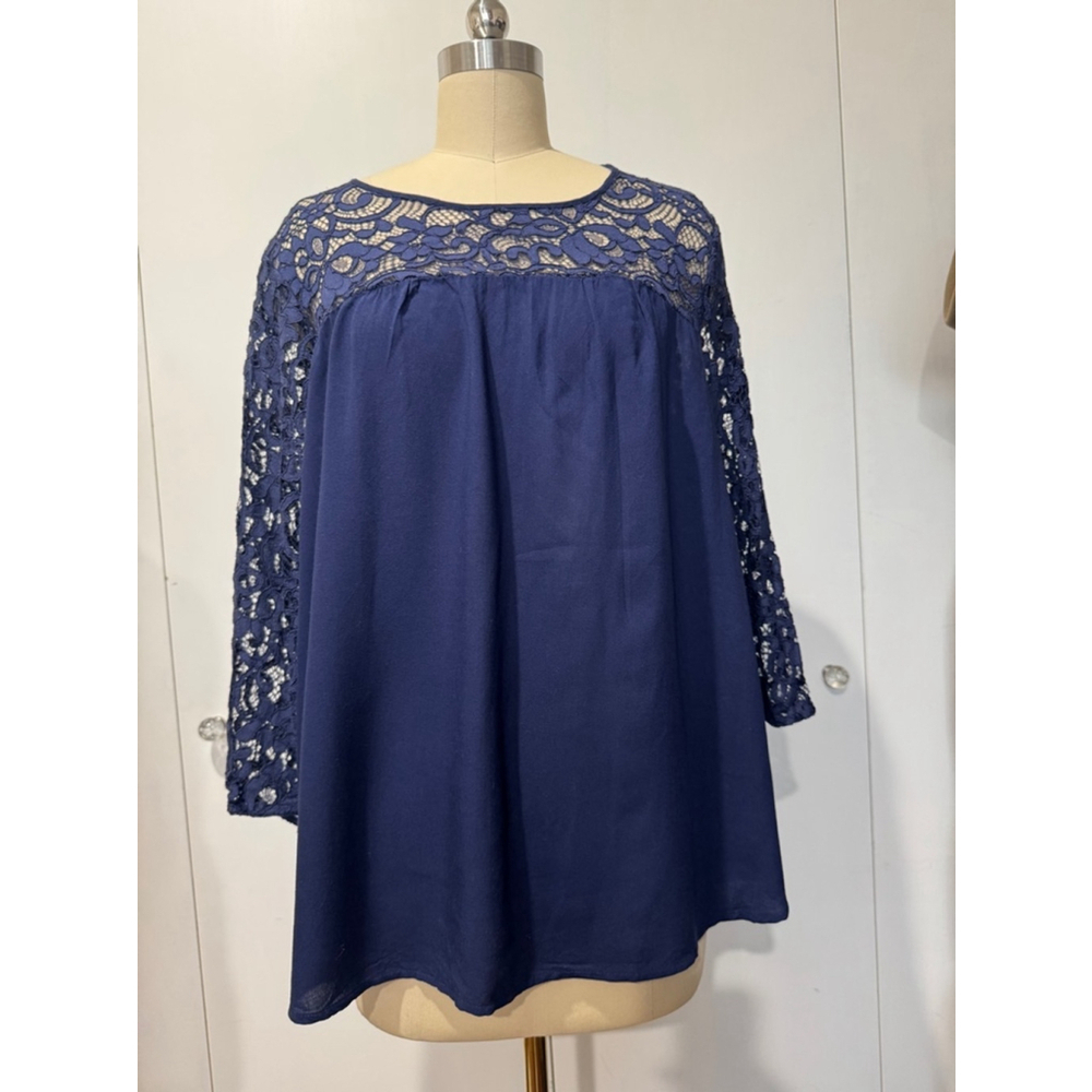 Old Navy XL navy blue lace bodice/sleeves a-line loose fit rayon blouse EUC
